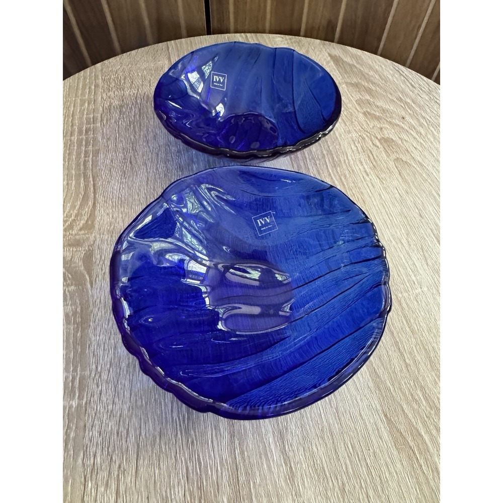 Set of 2 IVV Cobalt Blue Glass Salad Bowls Textured Wavy Design Italian Made EUC